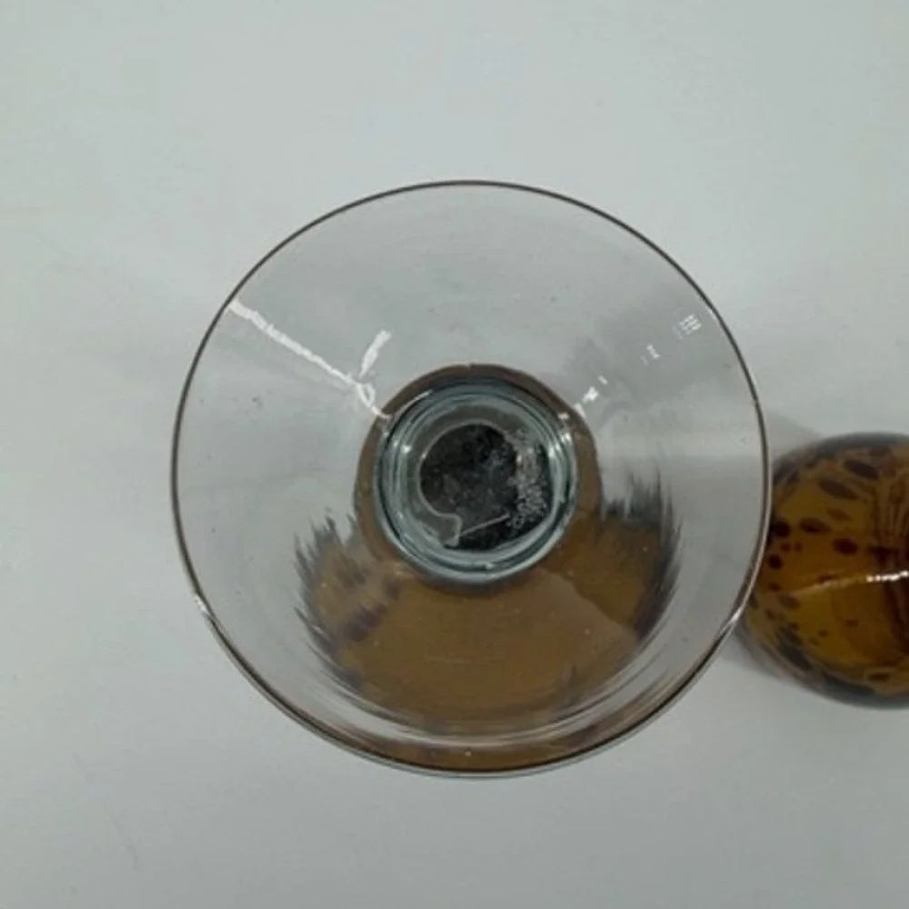 Set of 2 Amber Tortoise Shell Hand Blown Glass Wine Goblets Leopard Spotted 7.5